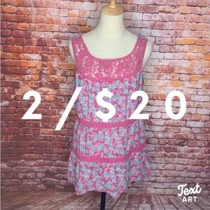 Bandolino Pink and Blue Lace Trimmed Tiered Sleeveless Floral Peasant Bl…